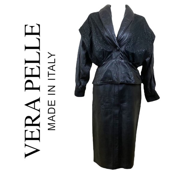 Vintage Rare Vera Pelle, Italy,Black Soft Leather Suit Size 44
